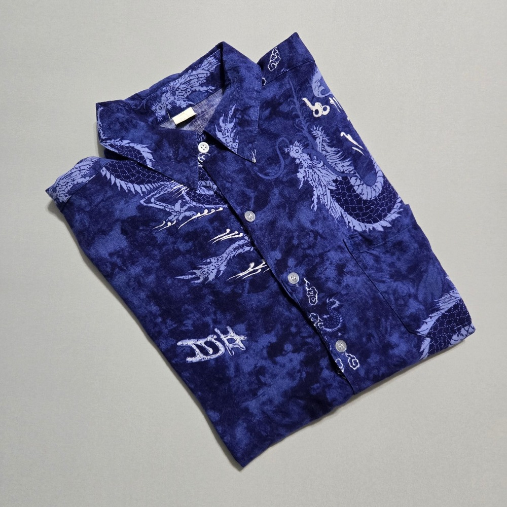 Dragon Shirt Mens Large Blue Graphic Print Button‎ Up Cotton Vintage Soft